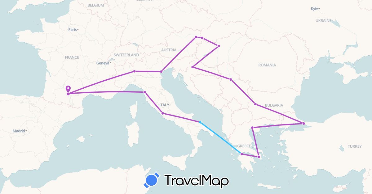 TravelMap itinerary: train, boat in Austria, Bulgaria, France, Greece, Croatia, Hungary, Italy, Serbia, Slovakia, Turkey (Asia, Europe)